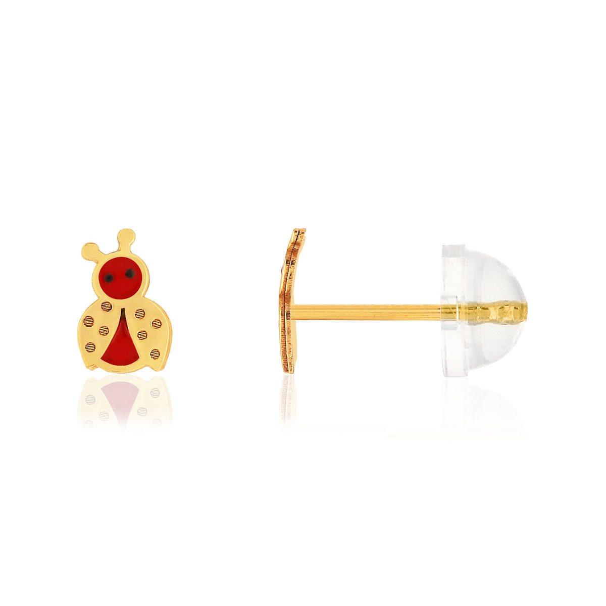 Boucles d'oreilles or jaune 375, laque. Motif coccinelle.