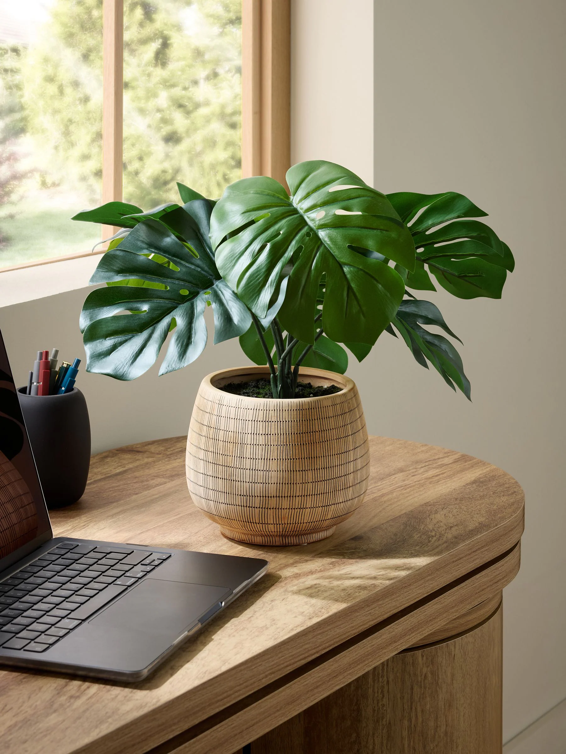 Artificial Monstera Plant In Natural Ceramic Vase