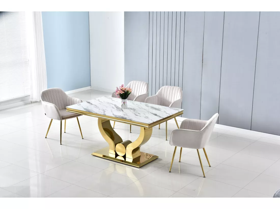 Table à manger trofy 4 à 6 personnes gold verre marbré blanc 150x90x75cm