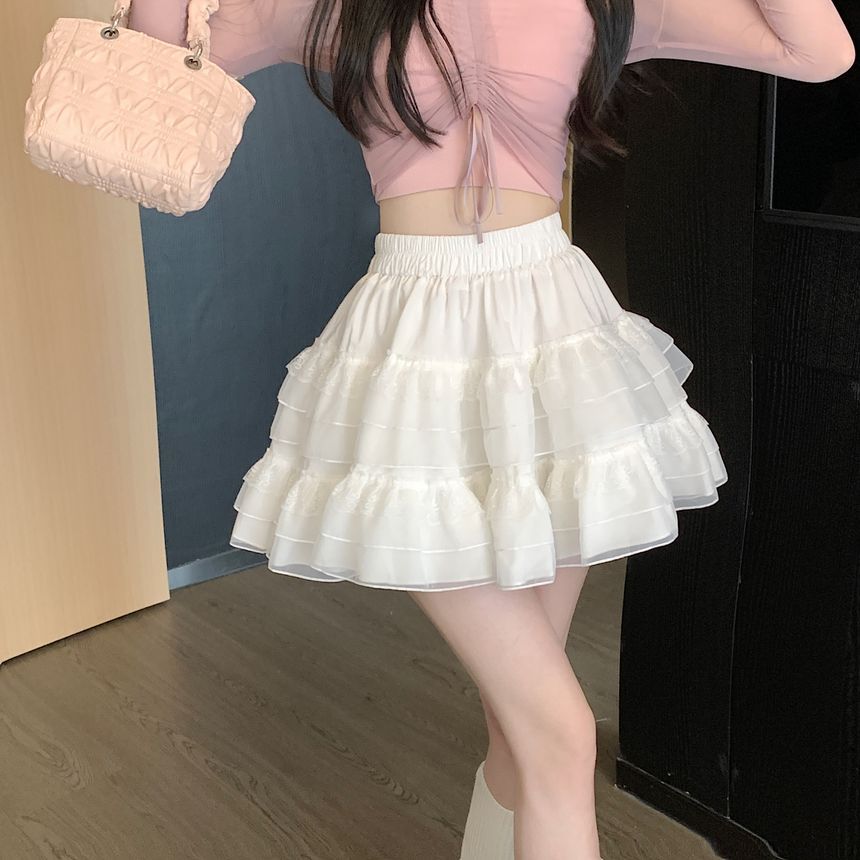 Mikiko - Balletcore High Rise Layered Mesh Mini A-lijn Rok