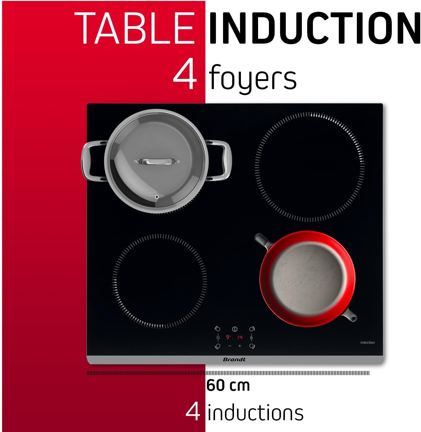 Brandt - BPI6464B - Plaque Induction - Table de Cuisson Encastrable - Noir - 4 Foyers - 7200W - Dimensions Encastrement : 56x49cm - Précision et Performances - Fabriqué en France