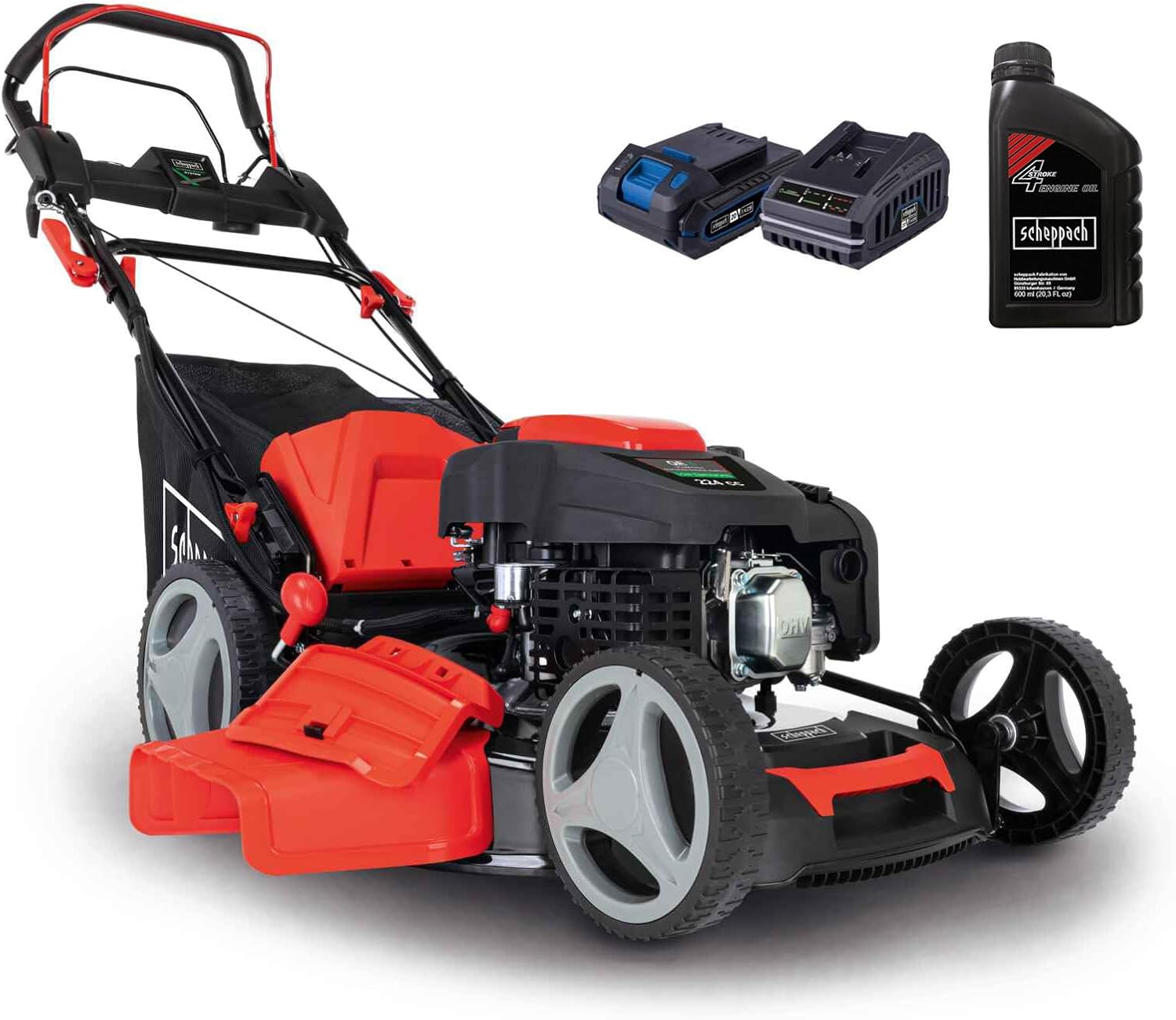 Scheppach Benzin Rasenmäher MS225-53E mit E-Start & Radantrieb | 6PS | 53 cm Schnittbreite | 7-fache Schnitthöhenverstellung | 65 Liter Fangkorb | Mulchfunktion | Reinigungsfunktion | inkl. Motoröl