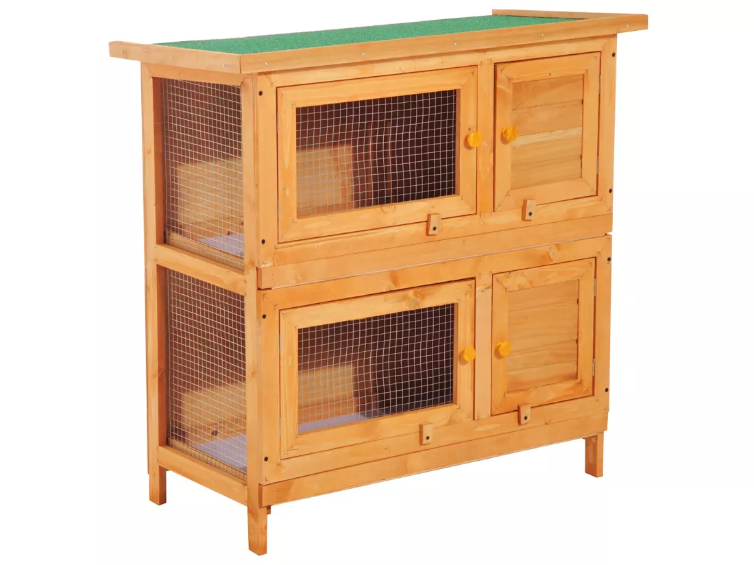Clapier à lapin cage à lapin double niveau plateaux coulissants 4 portes verrouillables toit ouvrant 90L x 45l x 90H cm