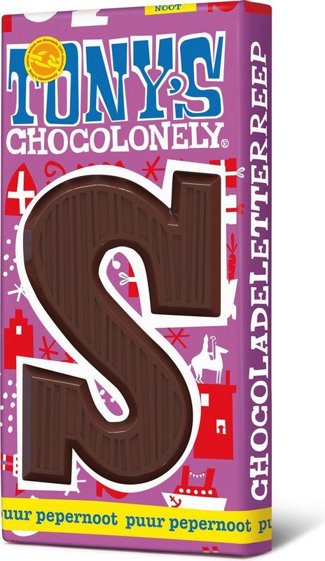 Tony's Chocolonely - Chocoladeletter - Puur Pepernoot - 180 Gram - Fairtrade Belgische Chocola