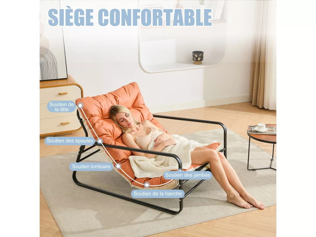 Fauteuil Salon Chaise Longue de Jardin avec Coussin Réversible Chaise rembourrée en Acier Chaise Longue de Loisirs Orange