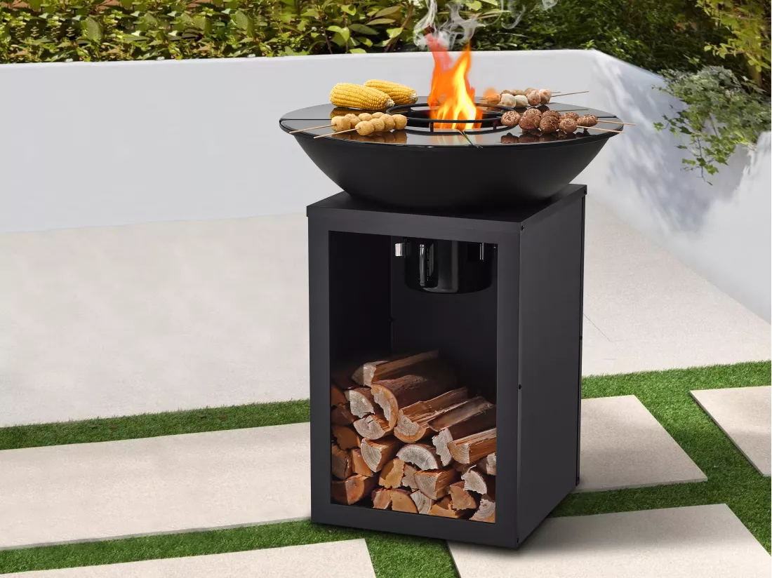 Barbecue plancha brasero à charbon et bois avec rangement L80 x l80 x H95 cm noir - IGNOS