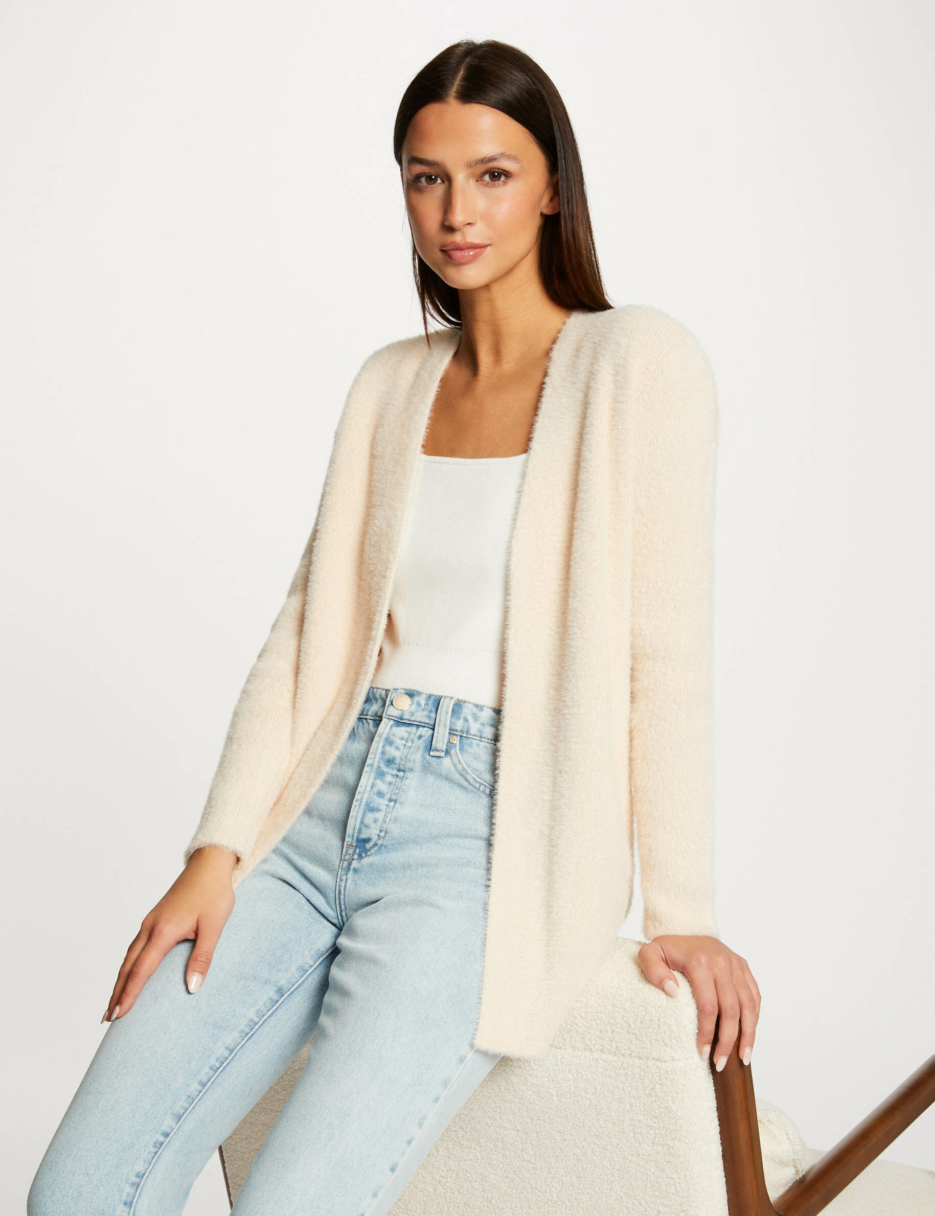 Gilet long maille duveteuse rose clair femme - rose_clair