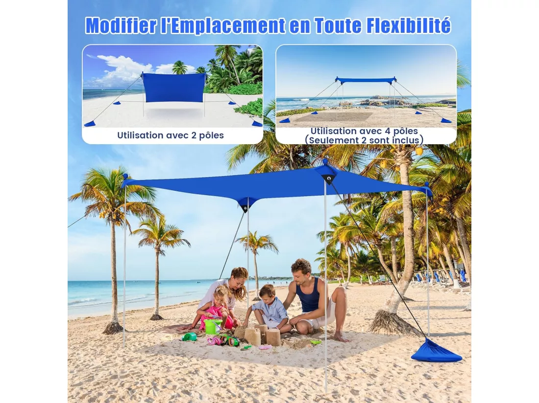 Tente de Plage Portable 2,3 x 2 M Anti UV UPF50+, Abris Solaire de Plage avec 4 Sacs pour Sable Piquets de Sol 2 Poteaux Sac de Transport, Idéal pour Plage Camping Pêche (Bleu)