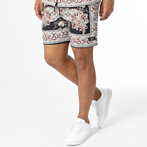 Ensemble Chemise Manches Courtes Et Short Jogging Noir Beige Floral