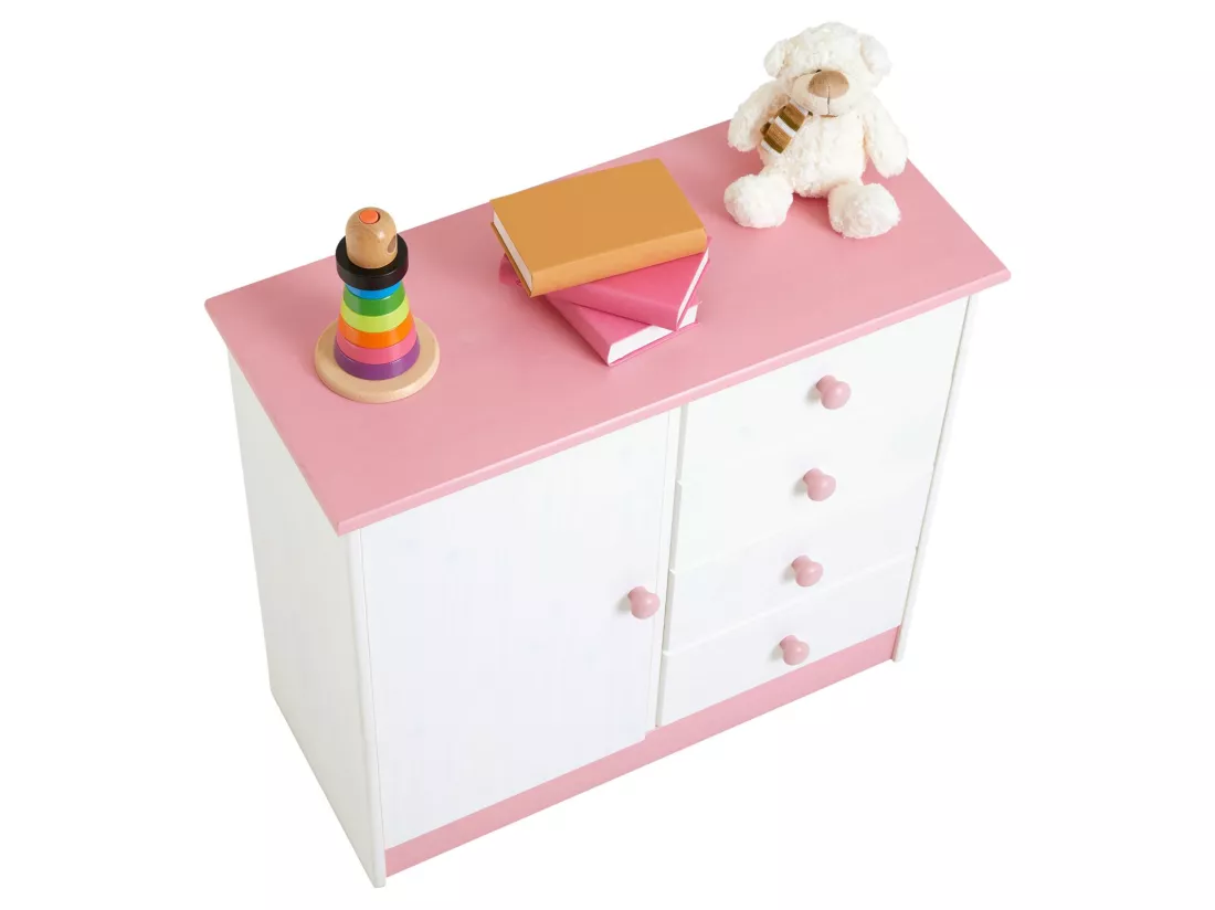 Commode enfant RONDO lasuré blanc et rose en pin passif buffet meuble de rangement pour chambre enfant avec 4 tiroirs et une porte