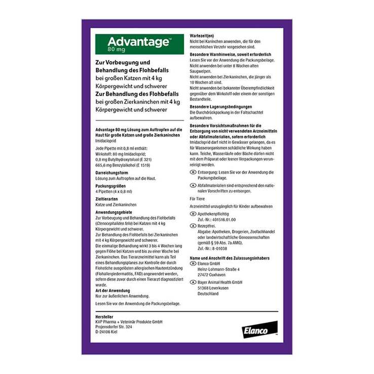 Advantage 80 für große Katzen und Zierkaninchen ab 4 kg, 4X0.8 ml