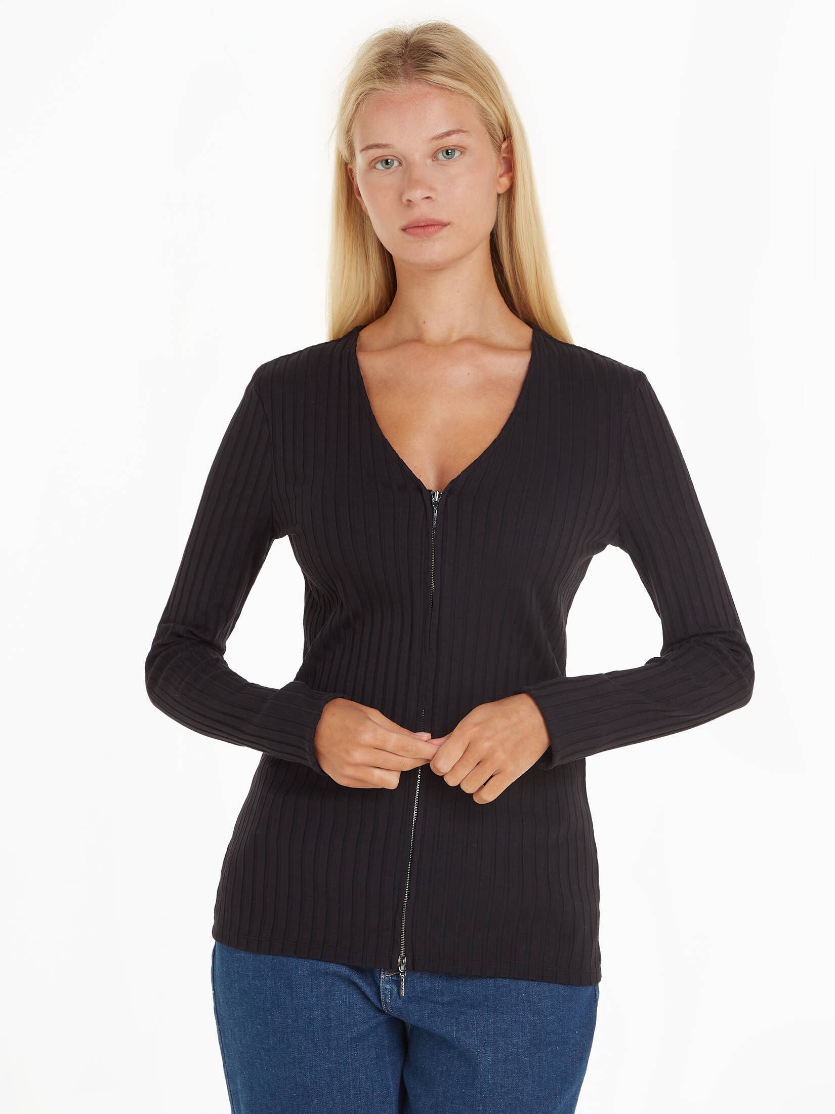 CALVIN KLEIN| Damen Strrickjacke RIB ZIP CARDIGAN