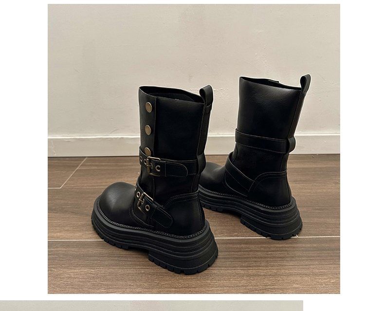 Vindler - Platform Plain Buckled Faux Leather Short Boots