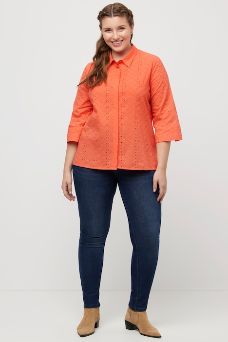 Hemdbluse, Lochstickerei, Hemdkragen, 3/4-Arm