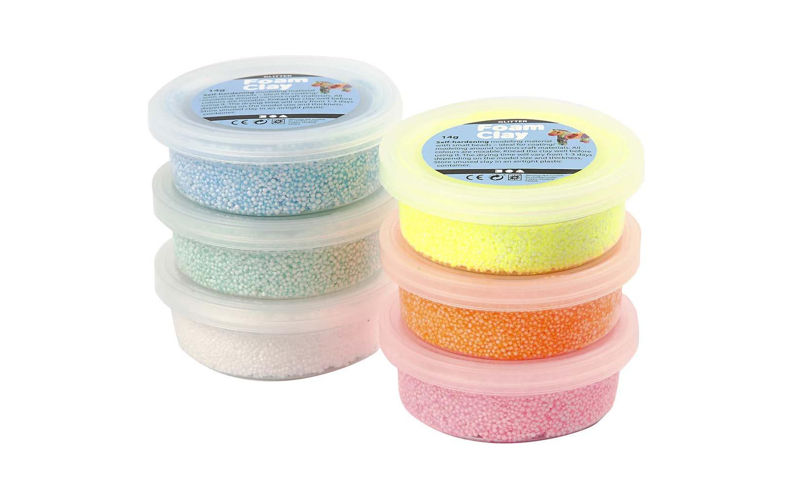 Modellier-Set Foam Clay 6 x 14 g Gelb/Pink/Hellblau/OrangeSelbsthärtende Modelliermasse mit winzigen Styroporkügelchen
