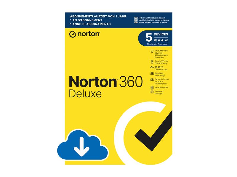Norton Norton 360 Deluxe ESD, 5 Device, 1 Jahr Mehrere Schutzebenen für Ihre Geräte und Funktionen für Ihre Online-Privatsphäre.