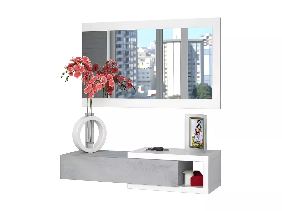 Meuble d'entrée suspendu + miroir Blanc/Béton - NONA - L 95 x l 26 x H 19 cm