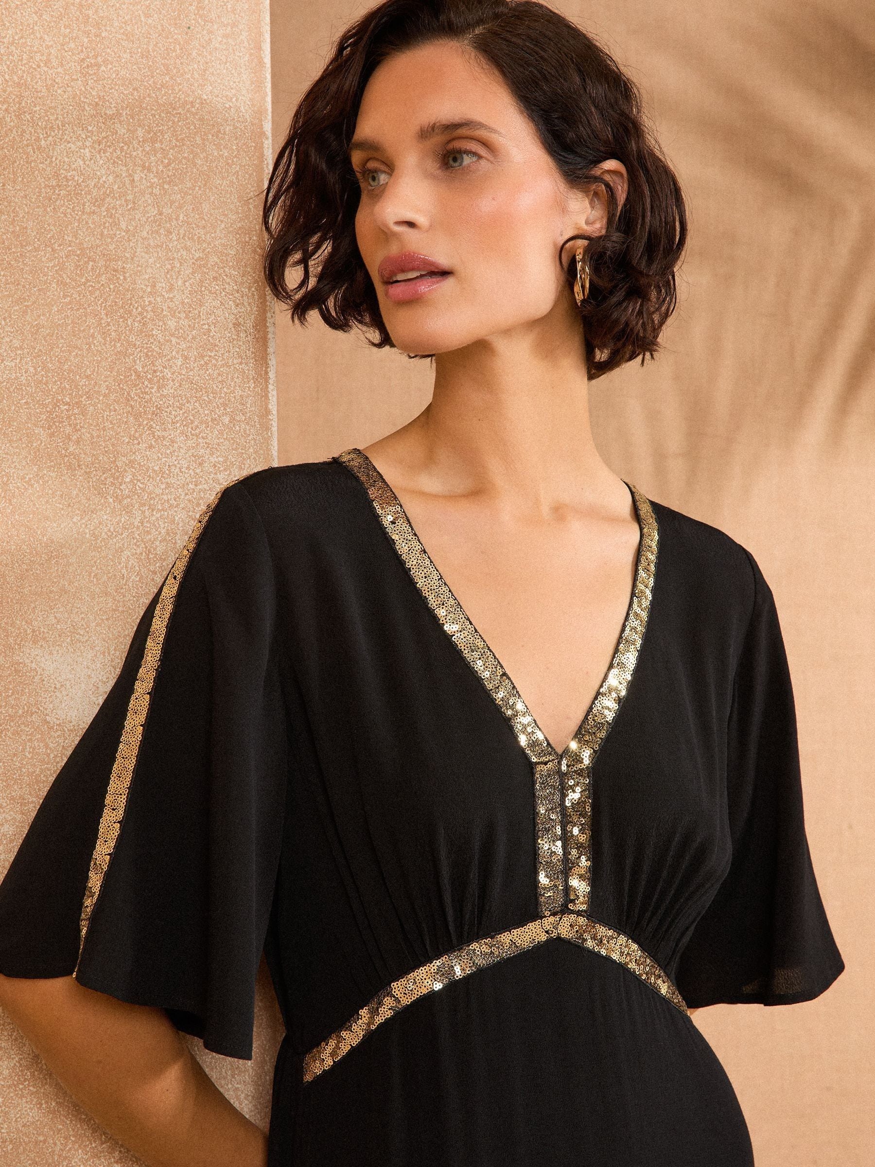 Zwart - Love & Roses midi-jurk met pailletten en engelmouwen