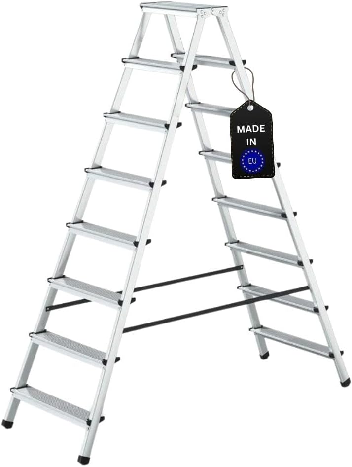 PROREGAL Economy Basic Trapladder, dubbelzijdig toegankelijk, 2 x 8 treden, werkhoogte 3,66 m, draagvermogen 125 kg