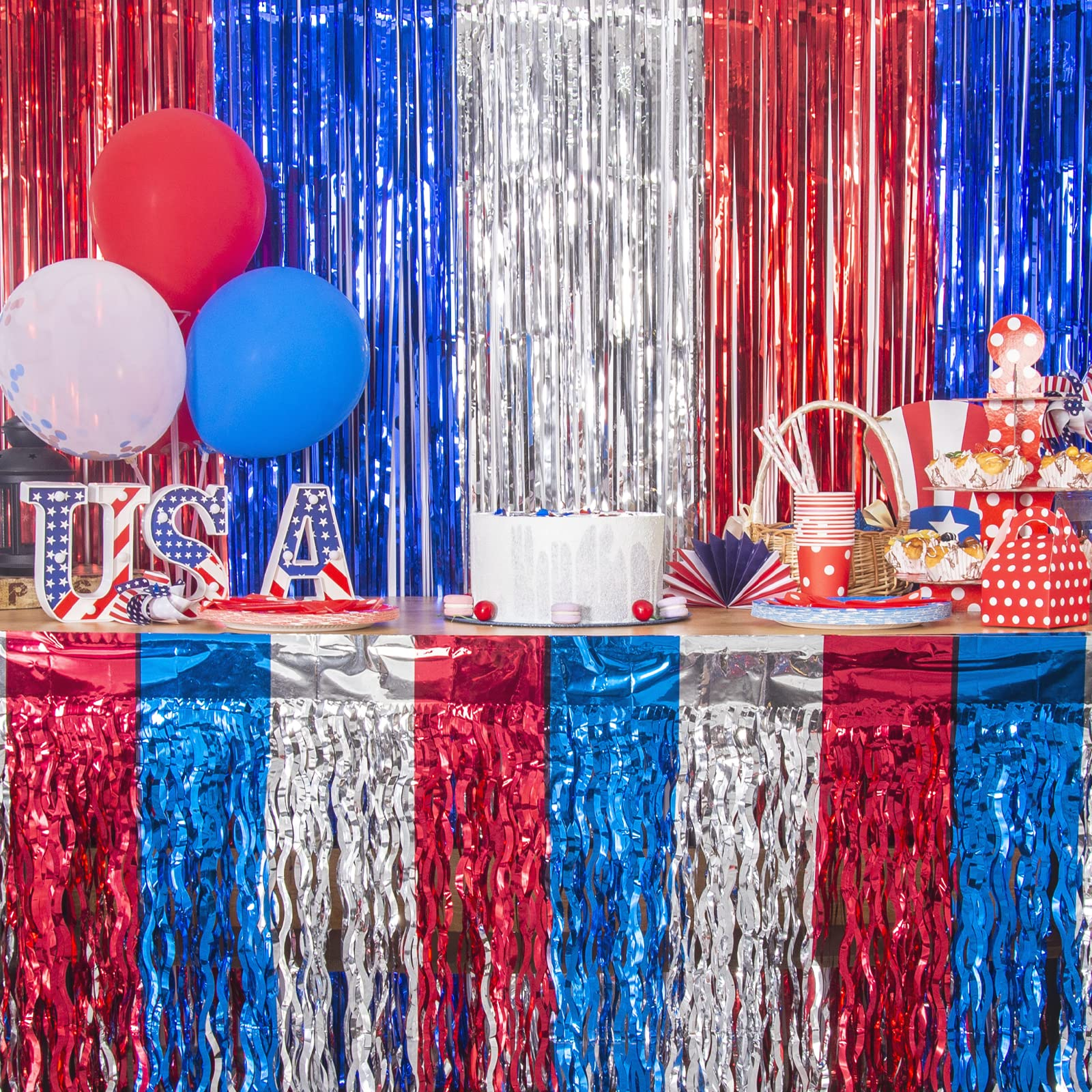 (2er Set) 275x75cm Party Tisch Deko Gewellter Lametta Vorhang Glänzender Fransen Vorhang im USA Design - Blau / Rot / Silber