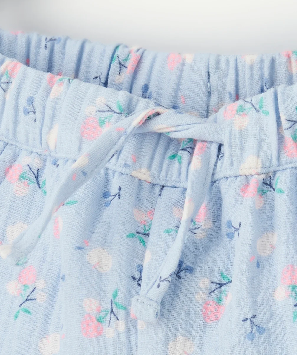 pantalon droit bébé fille en gaze de coton bleu imprimé à fleurs