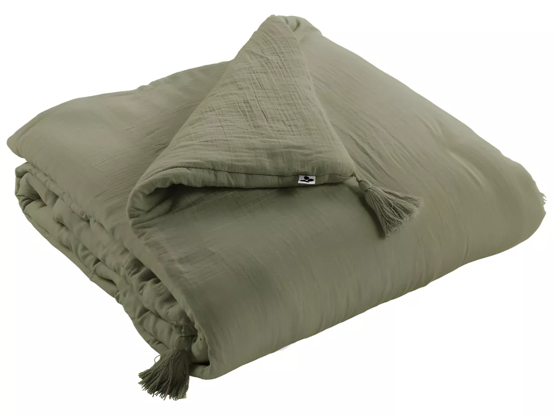 Édredon 150 x 150 cm en gaze de coton vert avec 4 pompons - PEPA