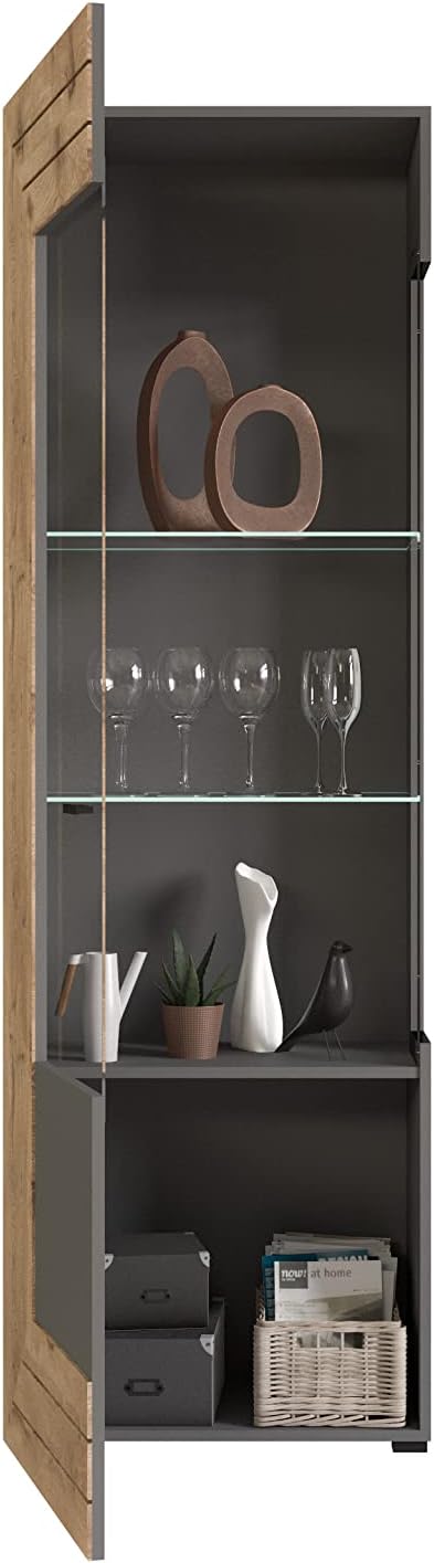 xonox.home Wohnzimmer Freno Vitrine Glas Vitrine Deko-Vitrine Stauraumvitrine in grau Nb.Absetzung Nox Oak Nb.ca.60x194x37 cm