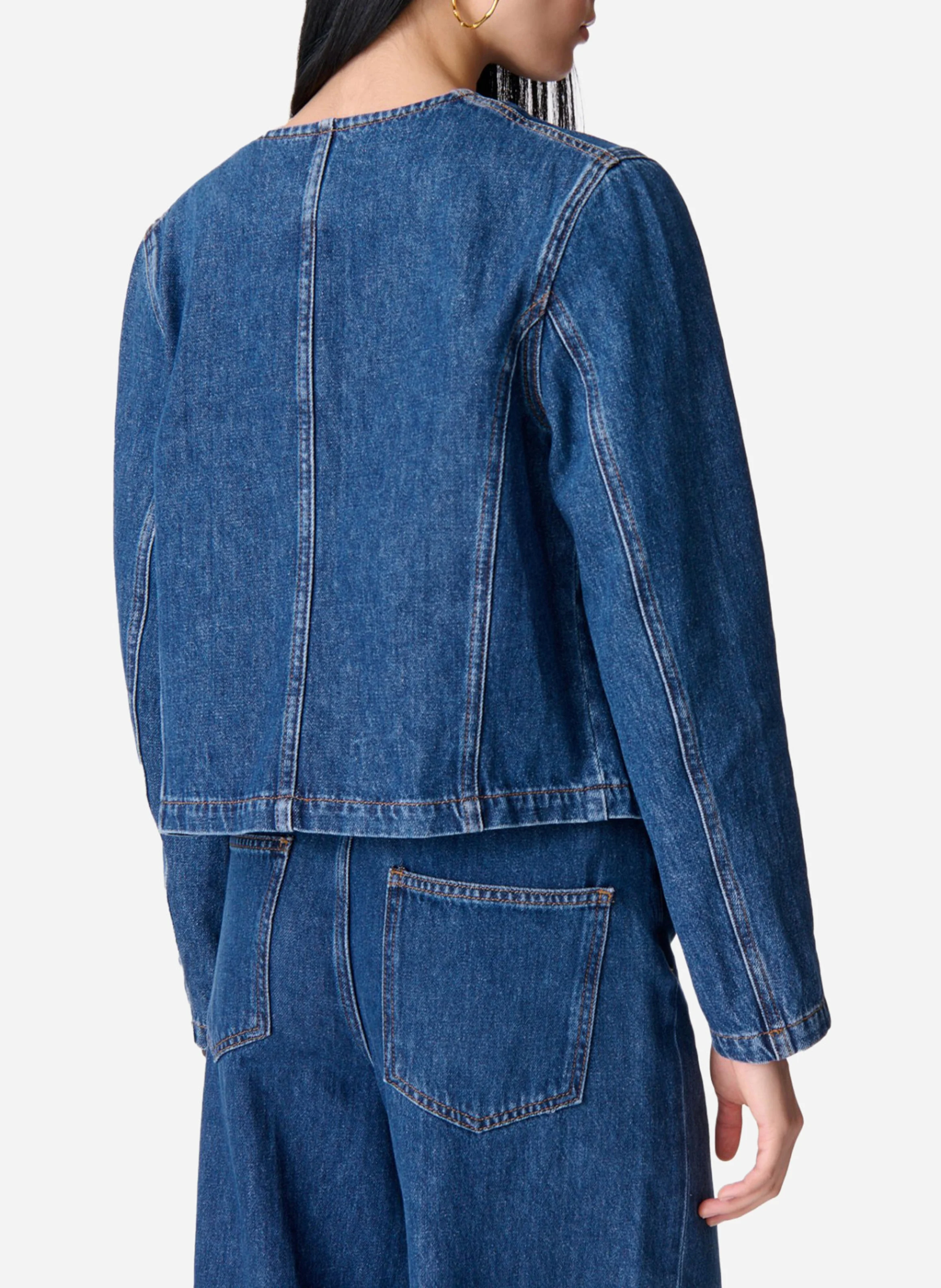 DEANA - Veste cropped en jean à boutons fantaisies| Bleu