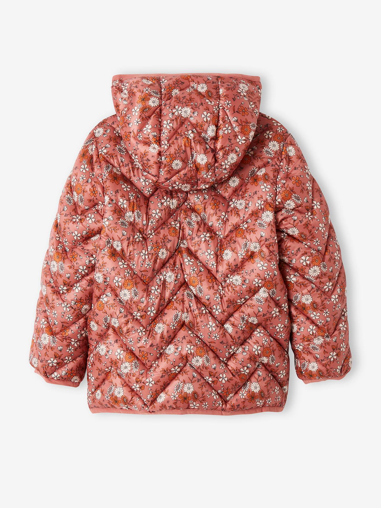 Jaqueta acolchoada leve com capuz e detalhes iridescentes, para meninas, estampa amarela tamanho médio.
