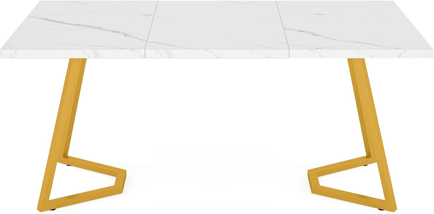 Tribesigns Moderner Goldener Esstisch,140X80 cm weißer Küchentisch mit goldfarbenen Metallbeinen, künstlicher Marmor, Kleiner Esszimmer-Küchentisch für 4-6 Personen, rechteckiger Esstisch für Wohnung HV0886085