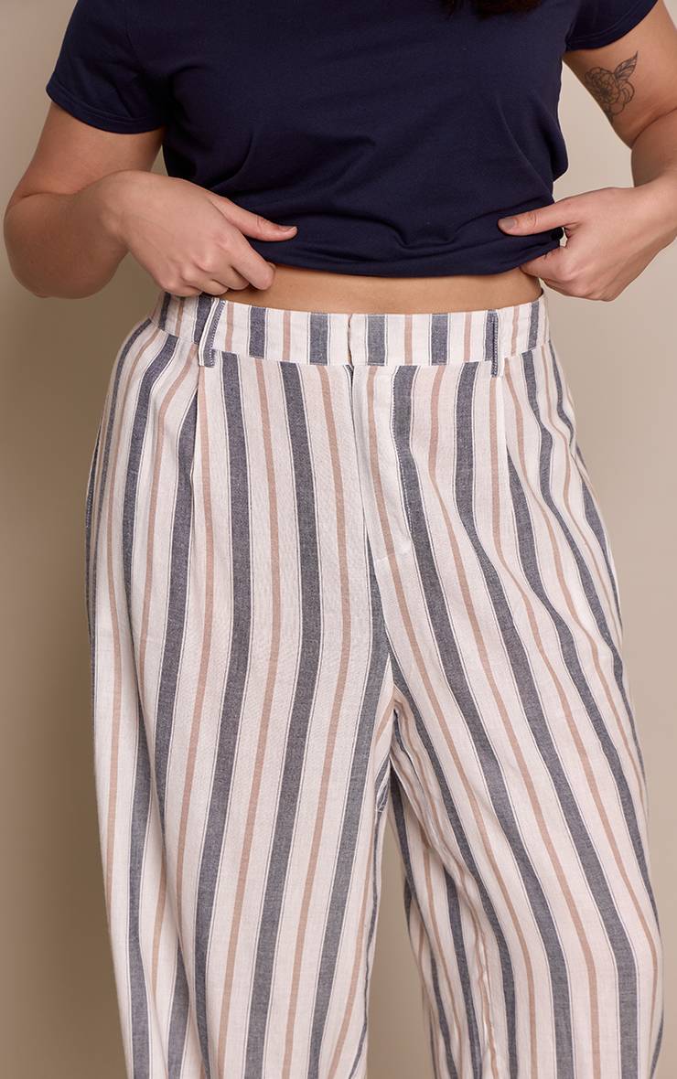 Multi. Pantalon Grande Taille À Rayures Multiples En Lin Coupe Droite Ajustée
