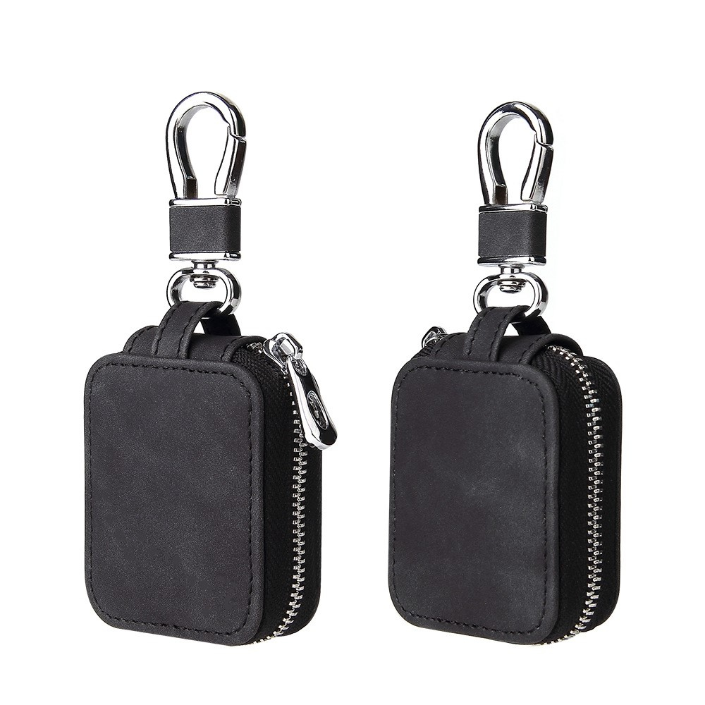 AirPods Leder Tasche Schutzhülle mit Reissverschluss   Karabiner - Schwarz