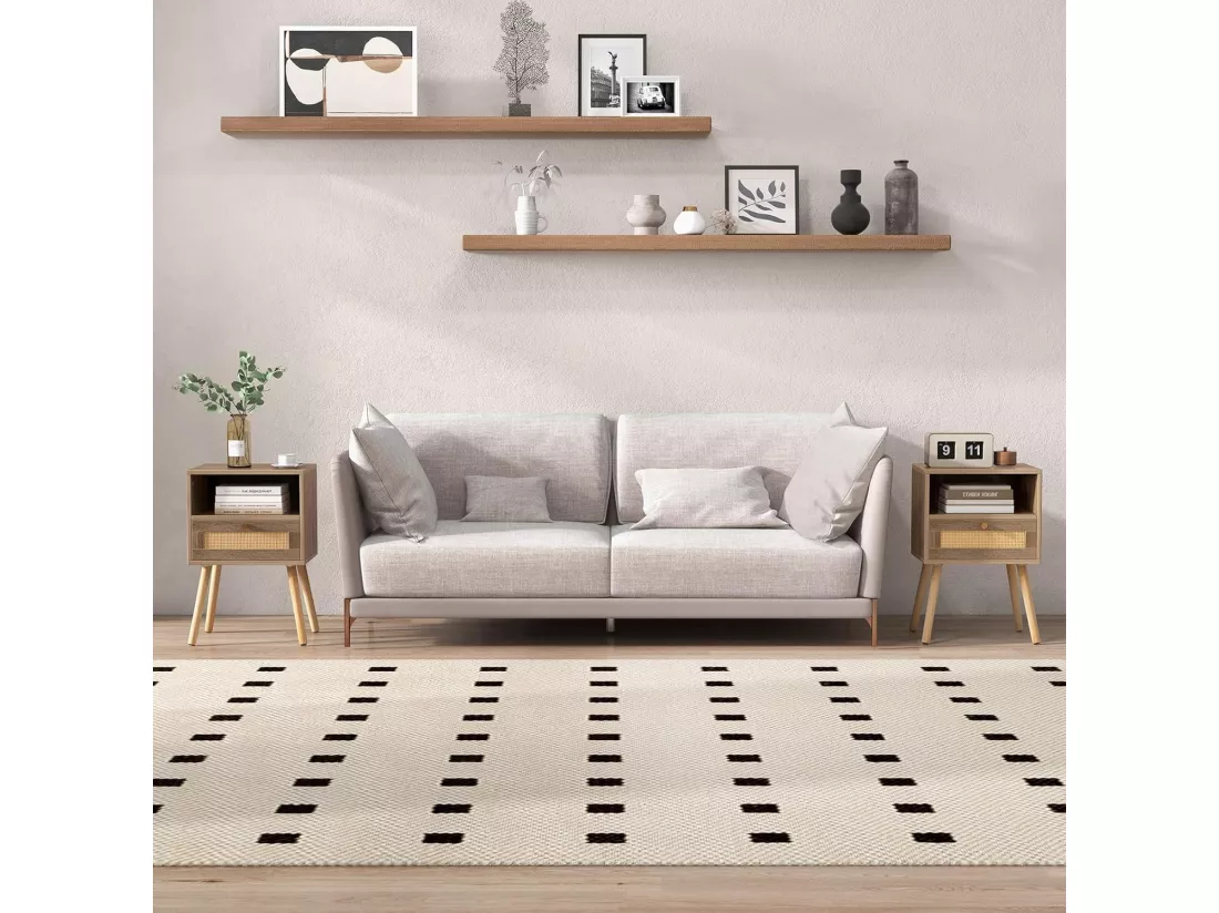 Lot de 2 Table de Chevet Bois avec Tiroir, Tables de Nuit en Rotin, 4 Pieds en Pin, Design Cannage, Compartiment Ouvert, Style Bohème, Table d'Appoint Scandinave pour Salon, Chambre