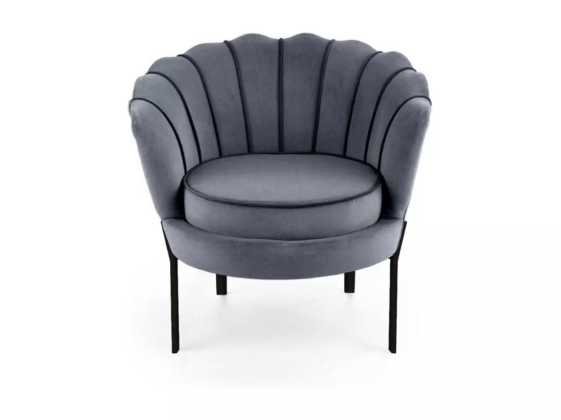 Fauteuil coquillage en velours gris avec pieds noirs en métal HOEL