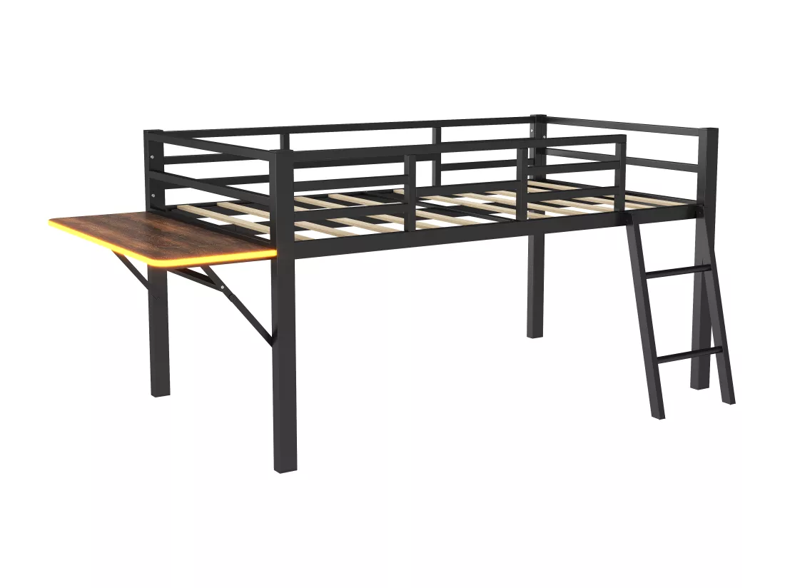 Lit mezzanine 90x200cm en métal avec LED - avec bureau abattant et sommier à lattes - Noir