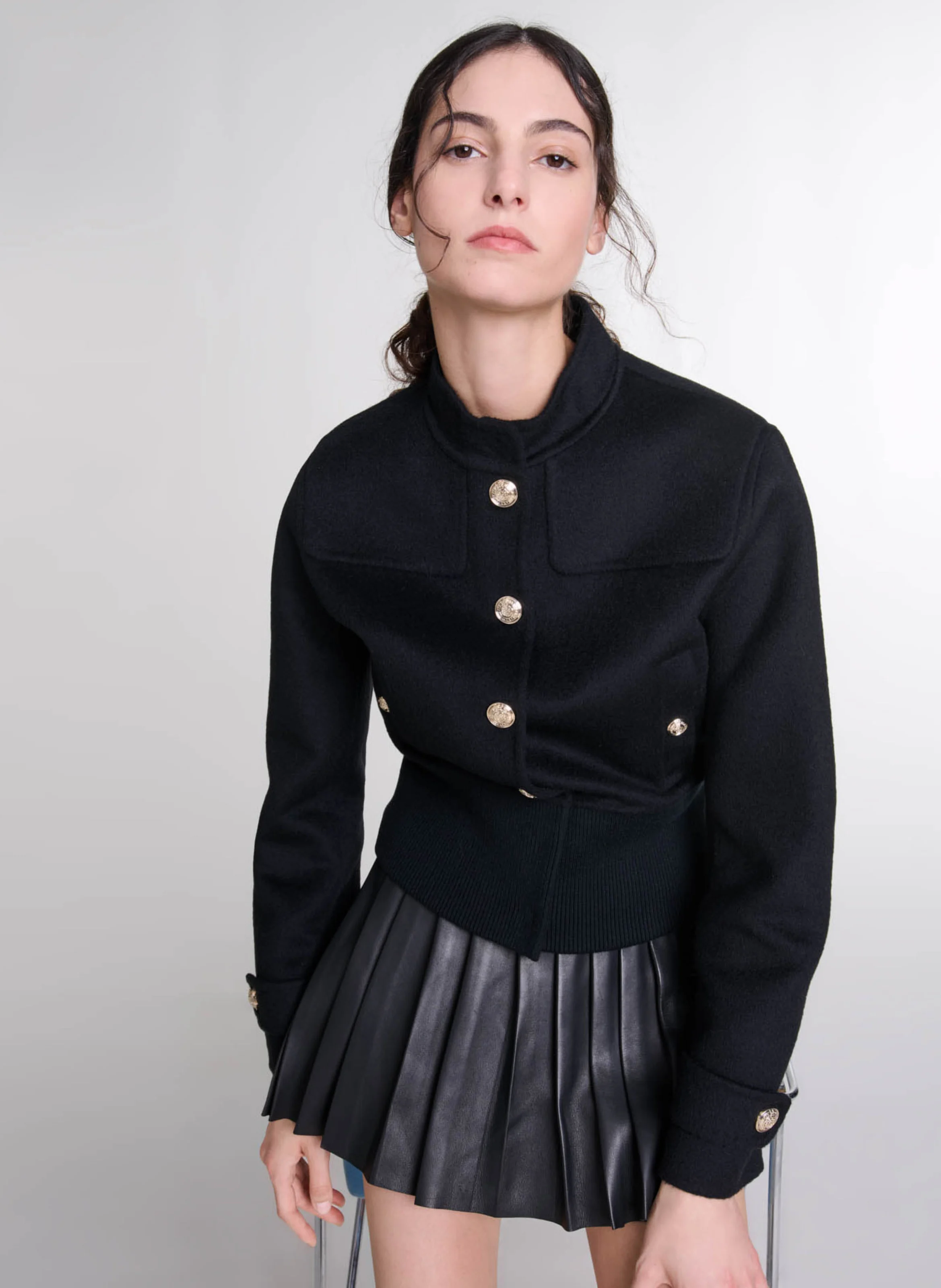 Blouson col montant en laine mélangée | Noir