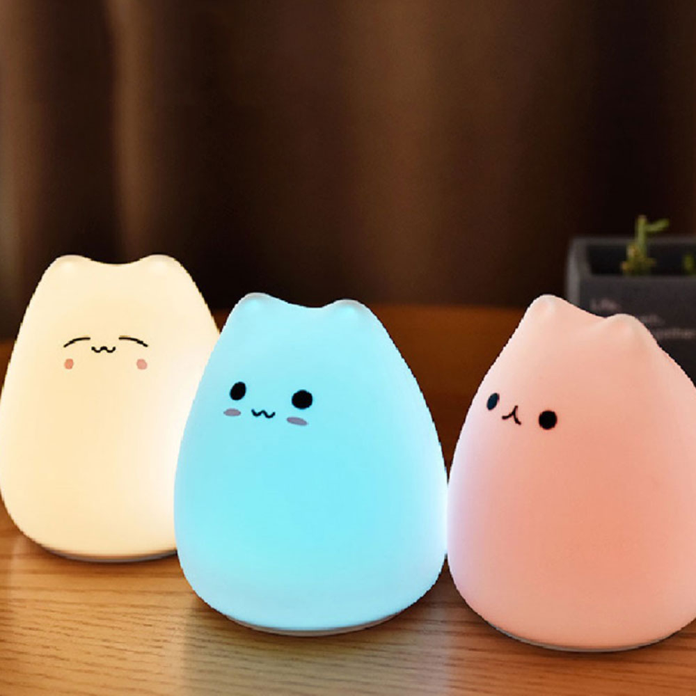 Silikon Katze Kinder Nachtlicht LED Lampe Stimmungsleuchte (Batteriebetrieben) - Weiss