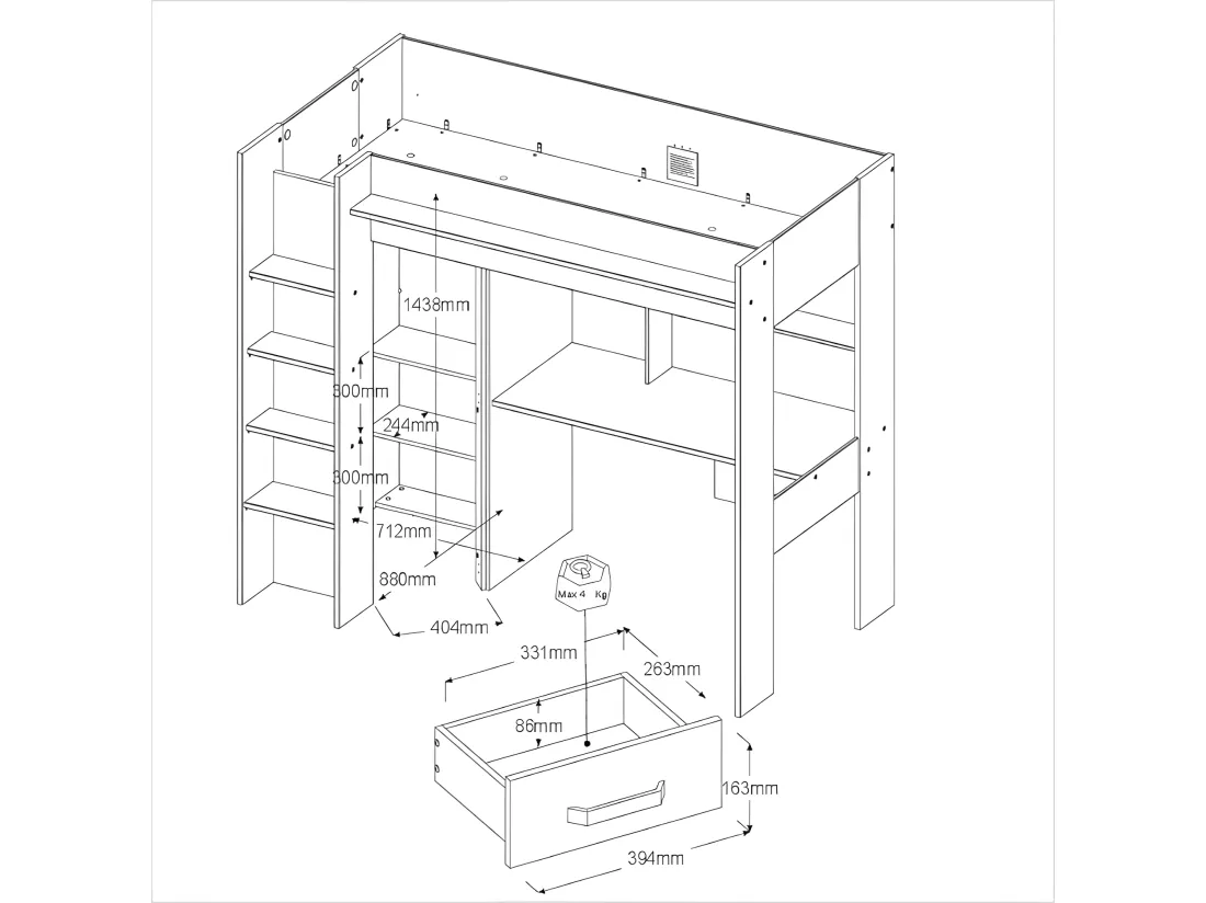 Lit mezzanine avec bureau et armoire - 90 x 200 cm - Coloris : Naturel et anthracite - AUCKLAND