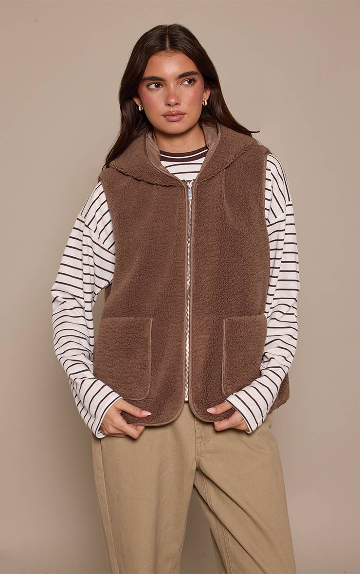 Marron Gilet Sans Manches Zippé En Synthétique Borg