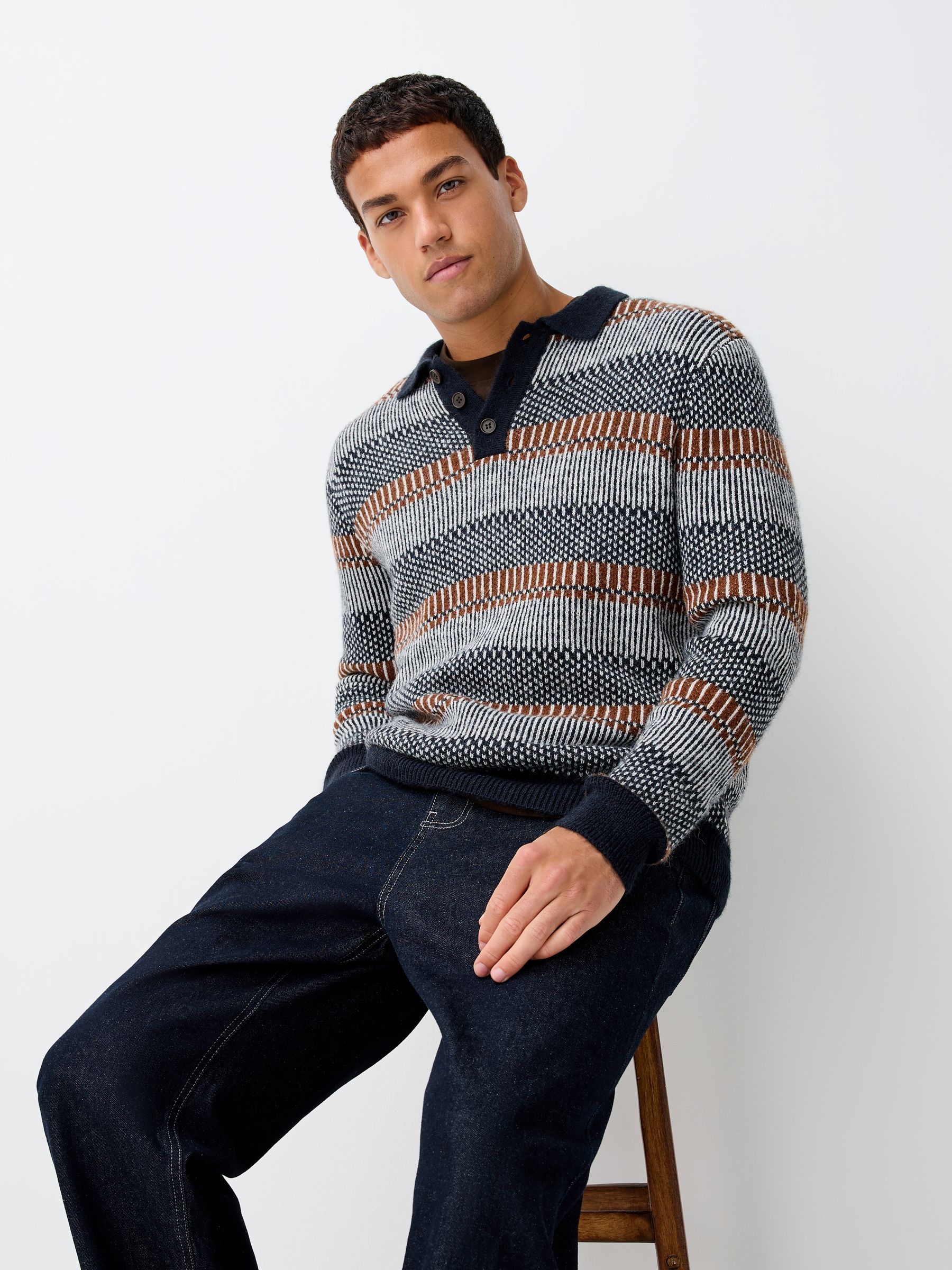 Donkerblauw - Regular Fit Stripe Long Sleeve Knit Polo Shirt