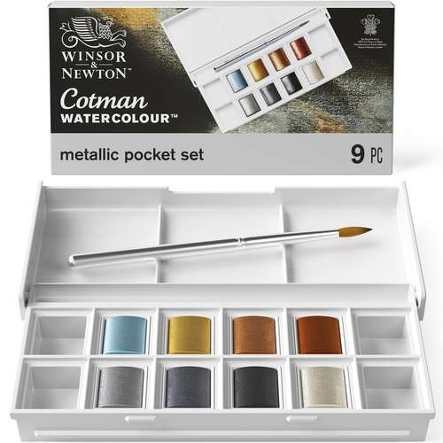 WINSOR & NEWTON Cotman™ Pocket Reisekasten, 8 x 1/2 Näpfchen Metallic-Aquarellfarbe