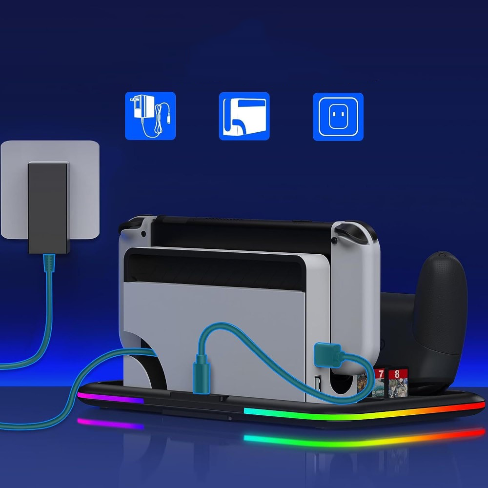 (5-fach) Ladestation Charging Dock für Nintendo Switch / OLED Joy-Con und Pro Controller   Spielehalterung mit RGB Beleuchtung - Schwarz