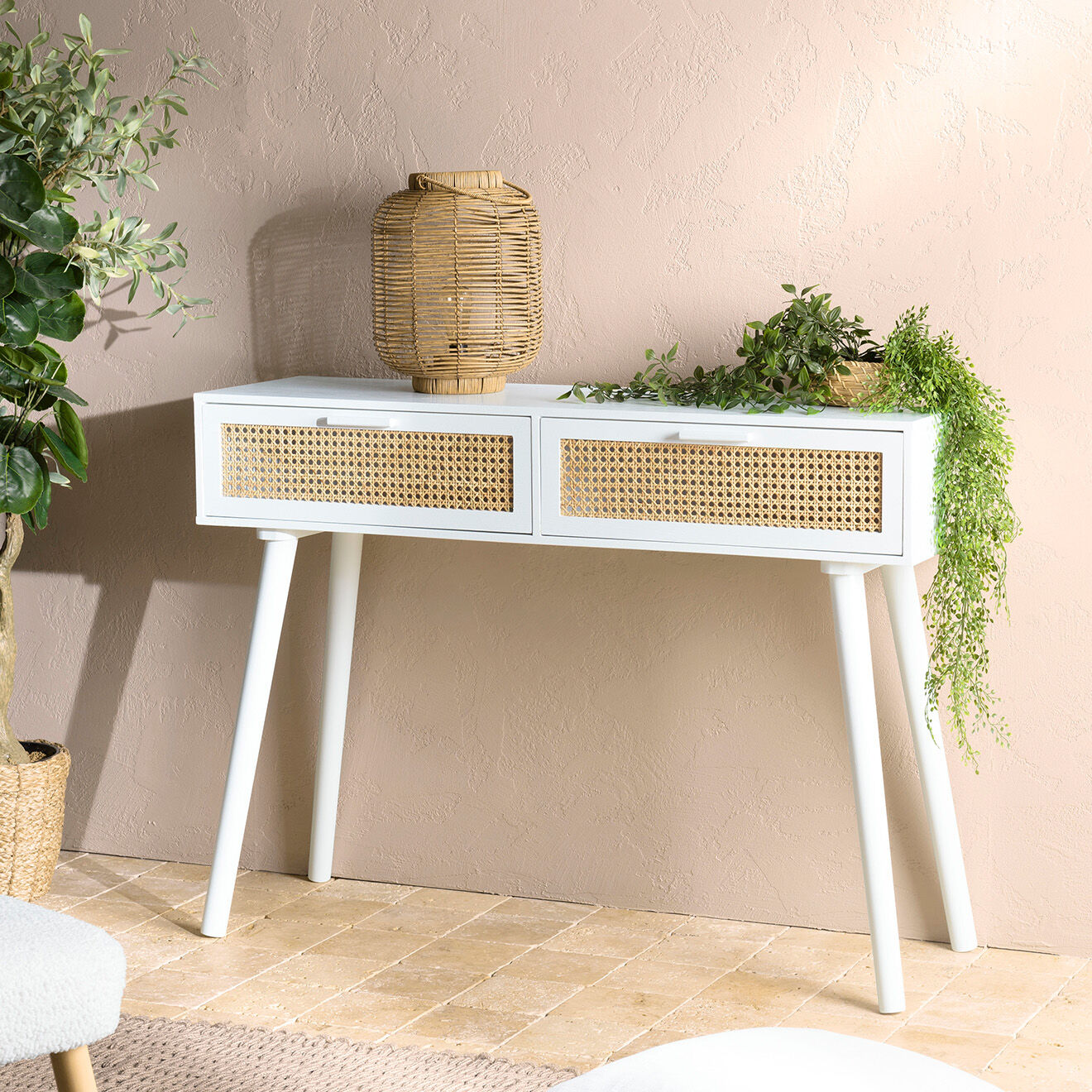 Macabane Console cannage rotin Sandro blanche - 110x33x81 cm