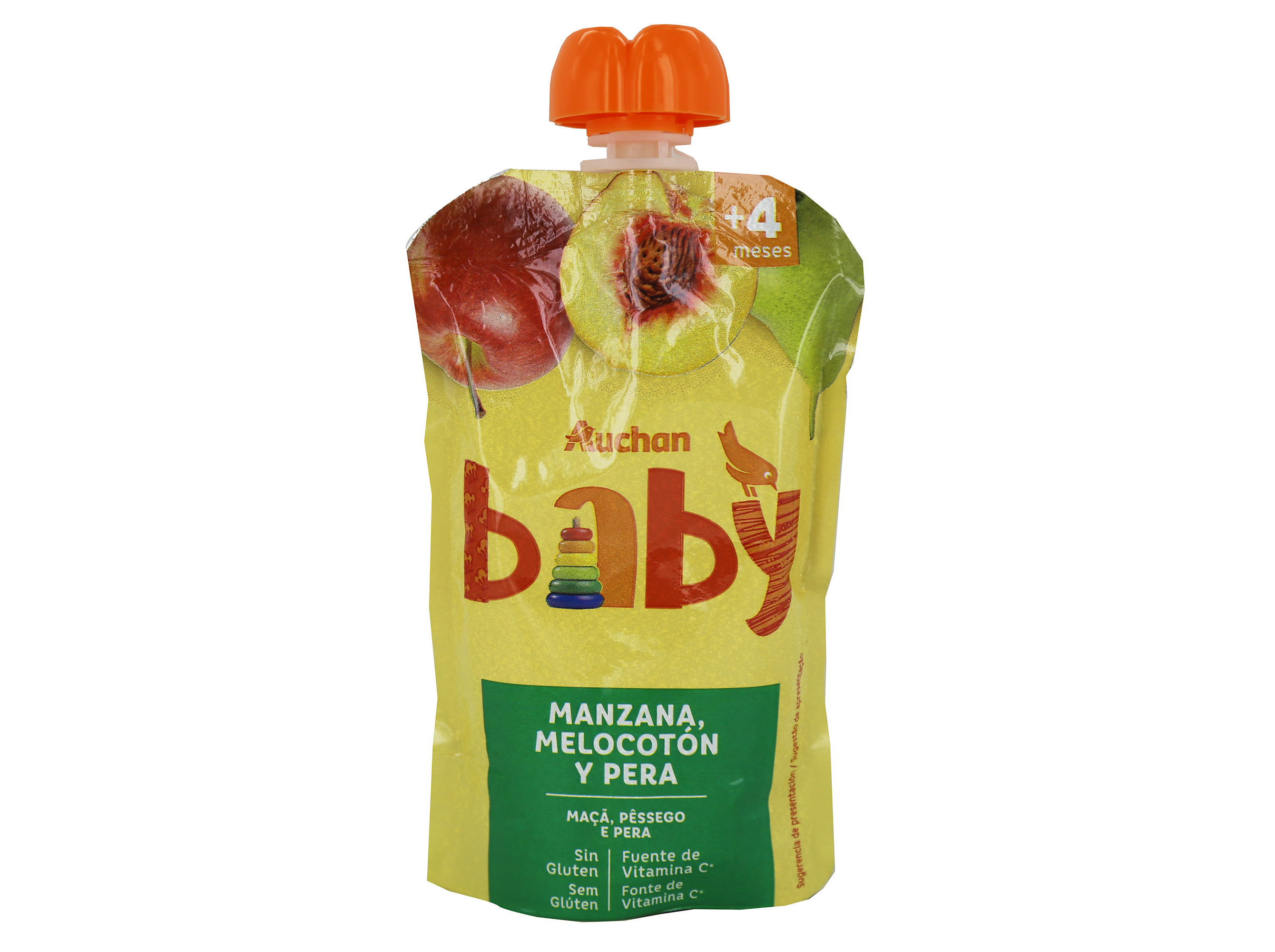 SAQUETA FRUTA AUCHAN BABY MAÇÃ PÊSSEGO PÊRA SEM GLÚTEN 120G