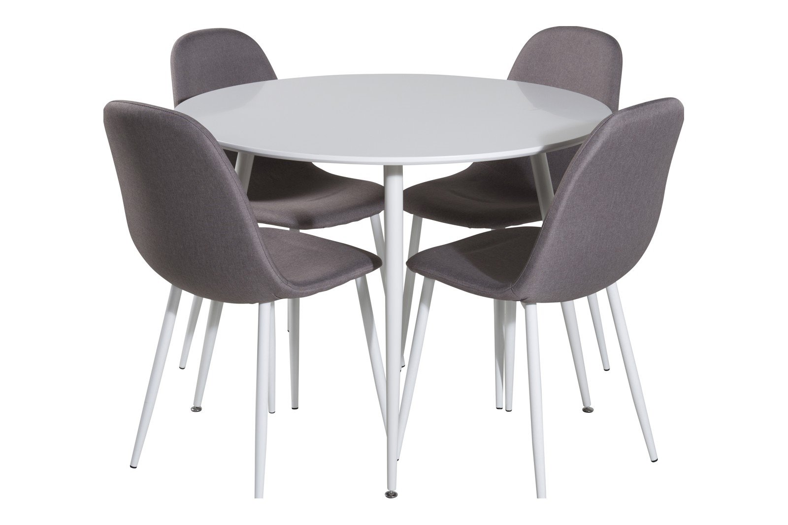 Plaza og Polar Spisegruppe Plaza rundt spisebord ø100cm i Hvit med 4 stk. Polar spisestoler i Grå og hvit ben.