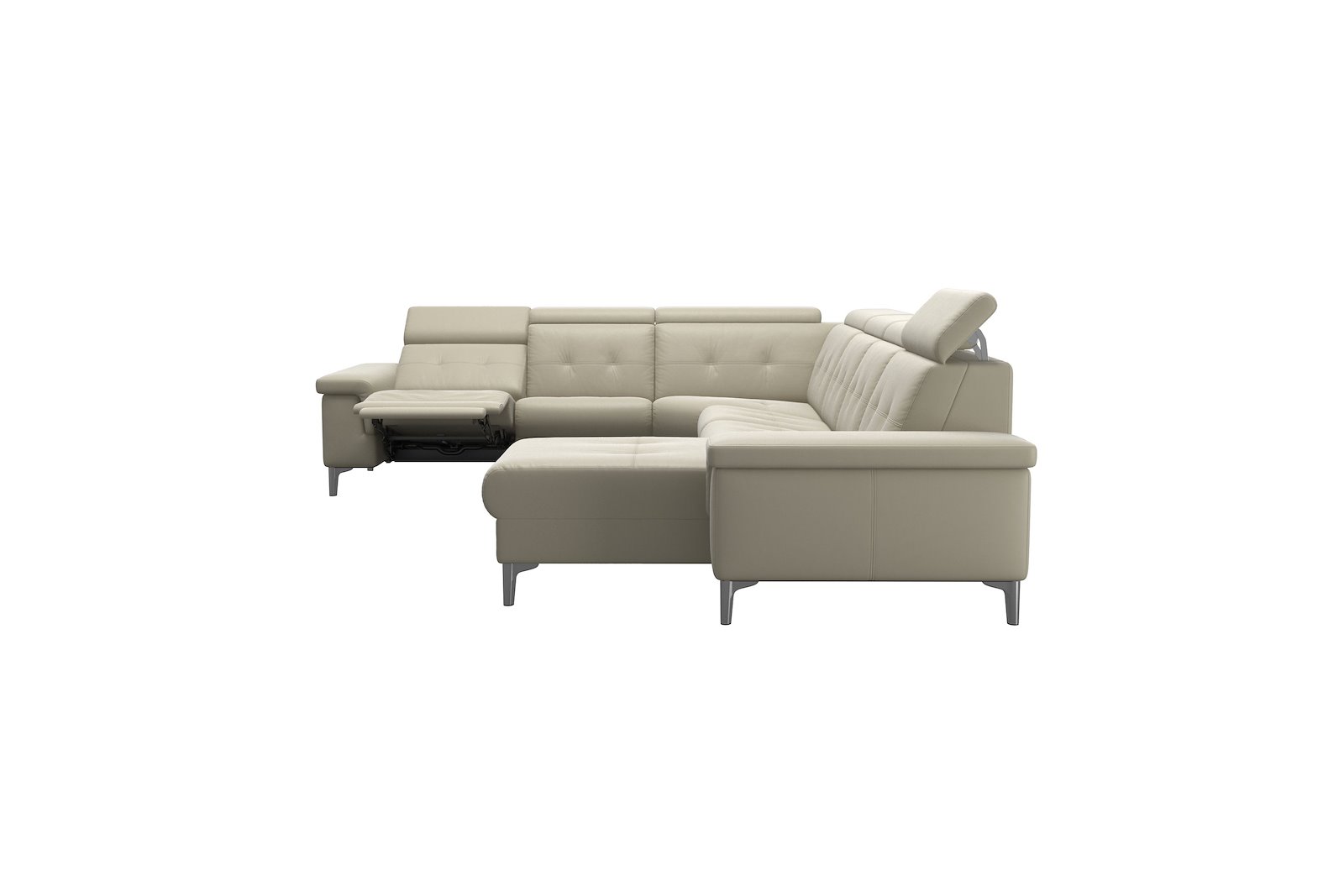 Anna C22 hjørnesofa (PMCMM) med LS (M) Hud Paloma Light Grey med A2 arm og polerte organiske alu ben, 14 cm. (Power-Manual-CornerManual-Manual-Manual)