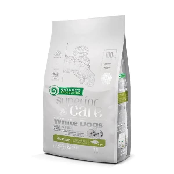 Nature's Protection Superior Care Hvite Hunder Kornfri Hvitfisk Junior Små- og Miniraser 10 kg, tørt kornfritt fôr for unghunder med hvit pels av små
