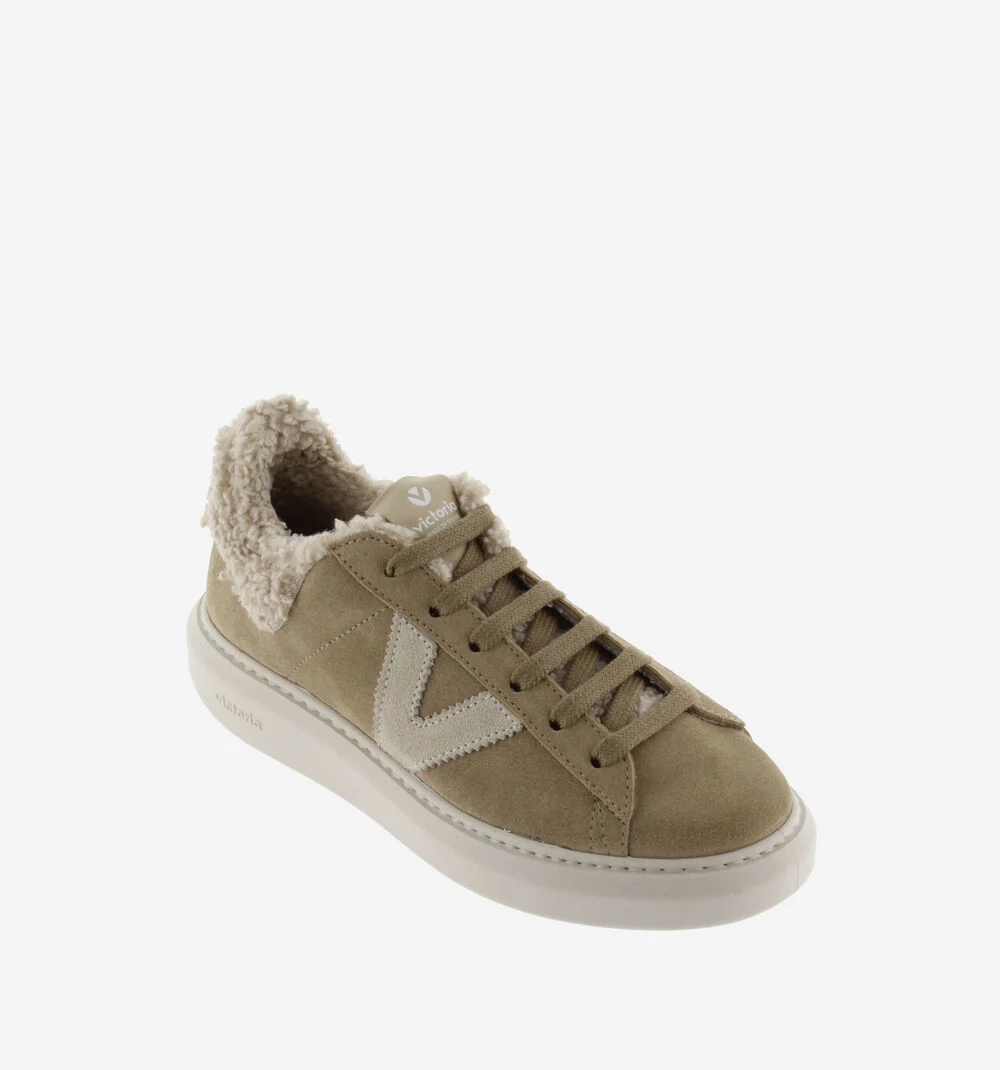 MILÁN CUIR FENDU & PEAU DE MOUTON Baskets pour femmes en peau de mouton recyclée TAUPE