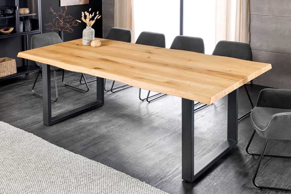 Massiver Esstisch WILD OAK 160cm natur schwarz Wildeiche Baumkante Metall U-Gestell
