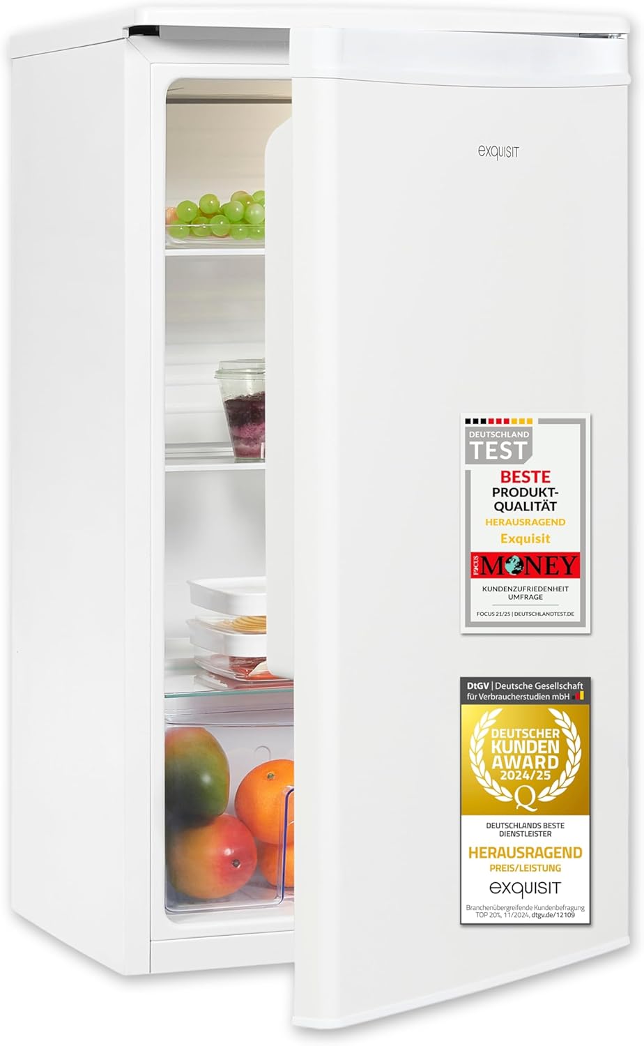 Exquisit Vollraumkühlschrank | 76 l Nutzinhalt, Energieeffizienzklasse E, 41 dB(A) | kompakt, LED-Innenbeleuchtung, manuelle Temperaturregelung, Glasablagen, Gemüseschublade | KS585-V-091E weiss